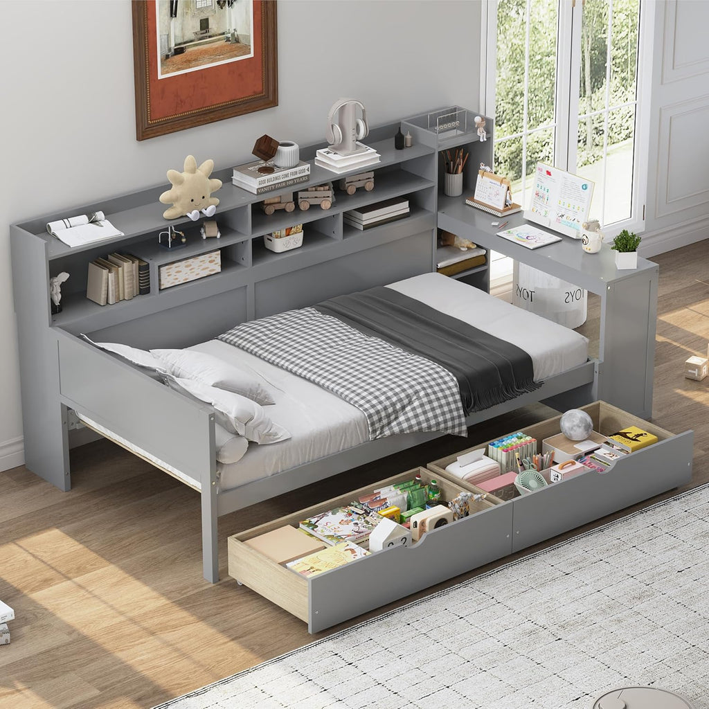 Wooden Twin Size Daybed with Storage Drawers and Shelves Corner Bed Frame with Desk - Grey