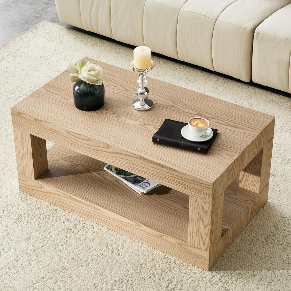 LKTART 39.37' Coffee Table with Storage, 2-Tier Mid Century Rectangular Accent Table with Thick Tabletop, Rustic Style Cocktail, Center Table for Living Room, Office, Apartment (Natural)