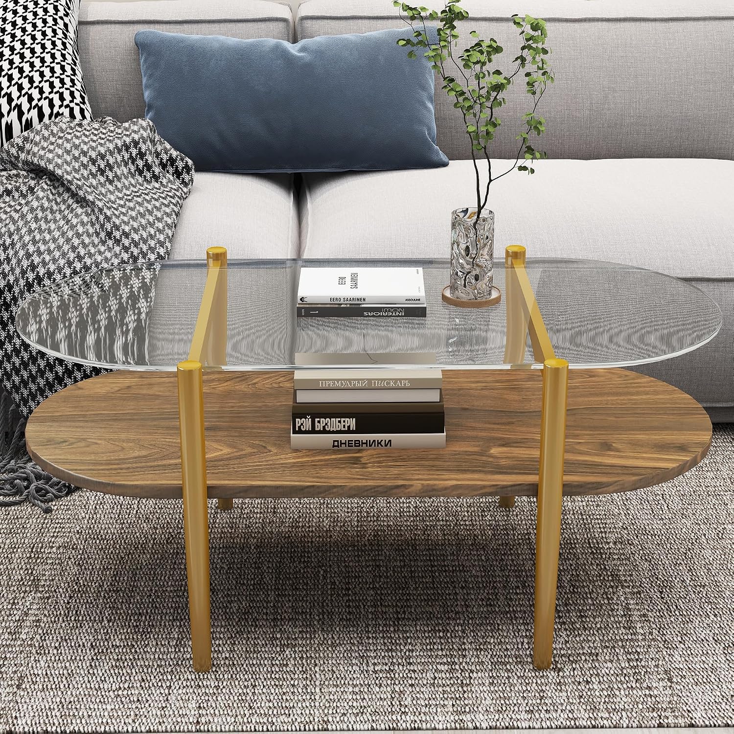 Modern Oval Glass Coffee Tables, 2-Tier Mid Century Modern Center Table, Tempered Glass Tabletop & Golden Metal Frame, Living Room, Office