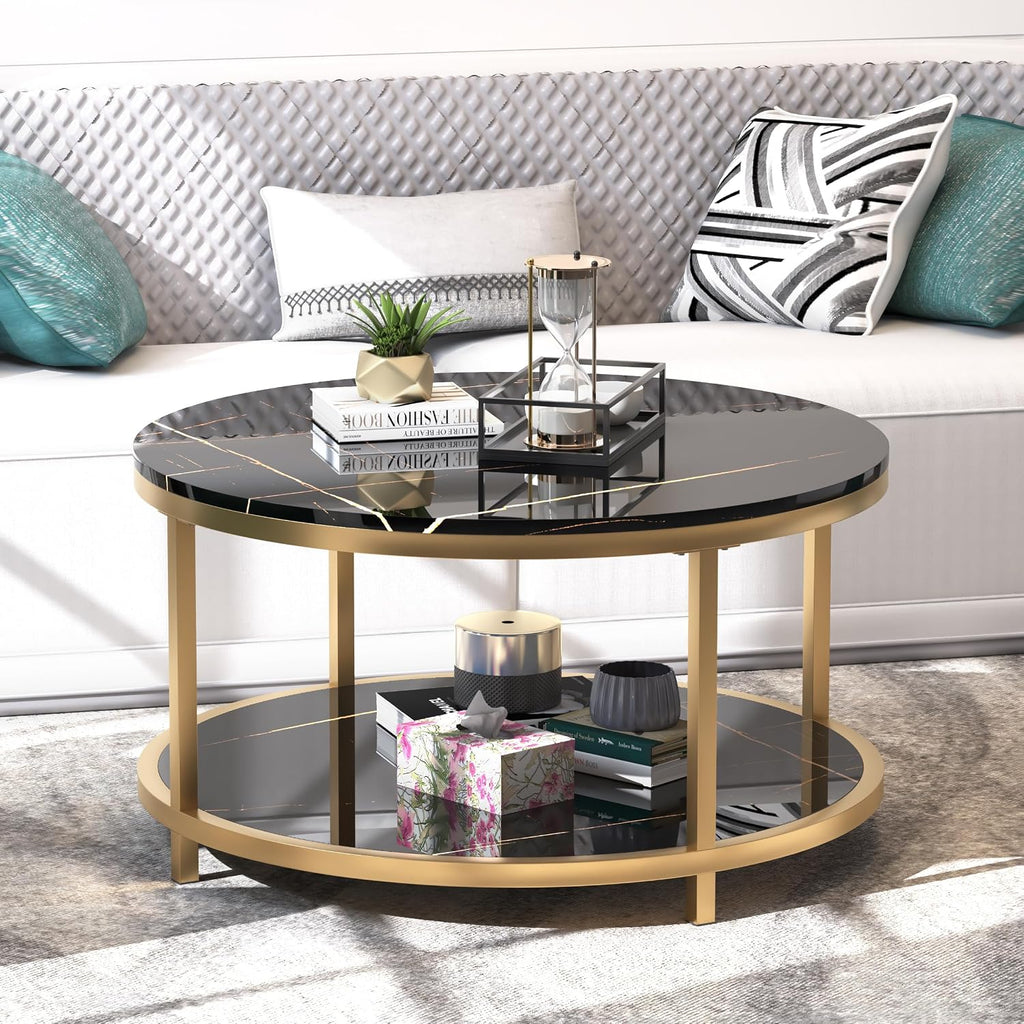 WiberWi Round Coffee Table 33.5' Coffee Tables for Living Room High Glossy Faux Balck Marble Top Modern Circle Table Sturdy Gold Metal Frame Legs Cocktail Table with Storage Open Shelf