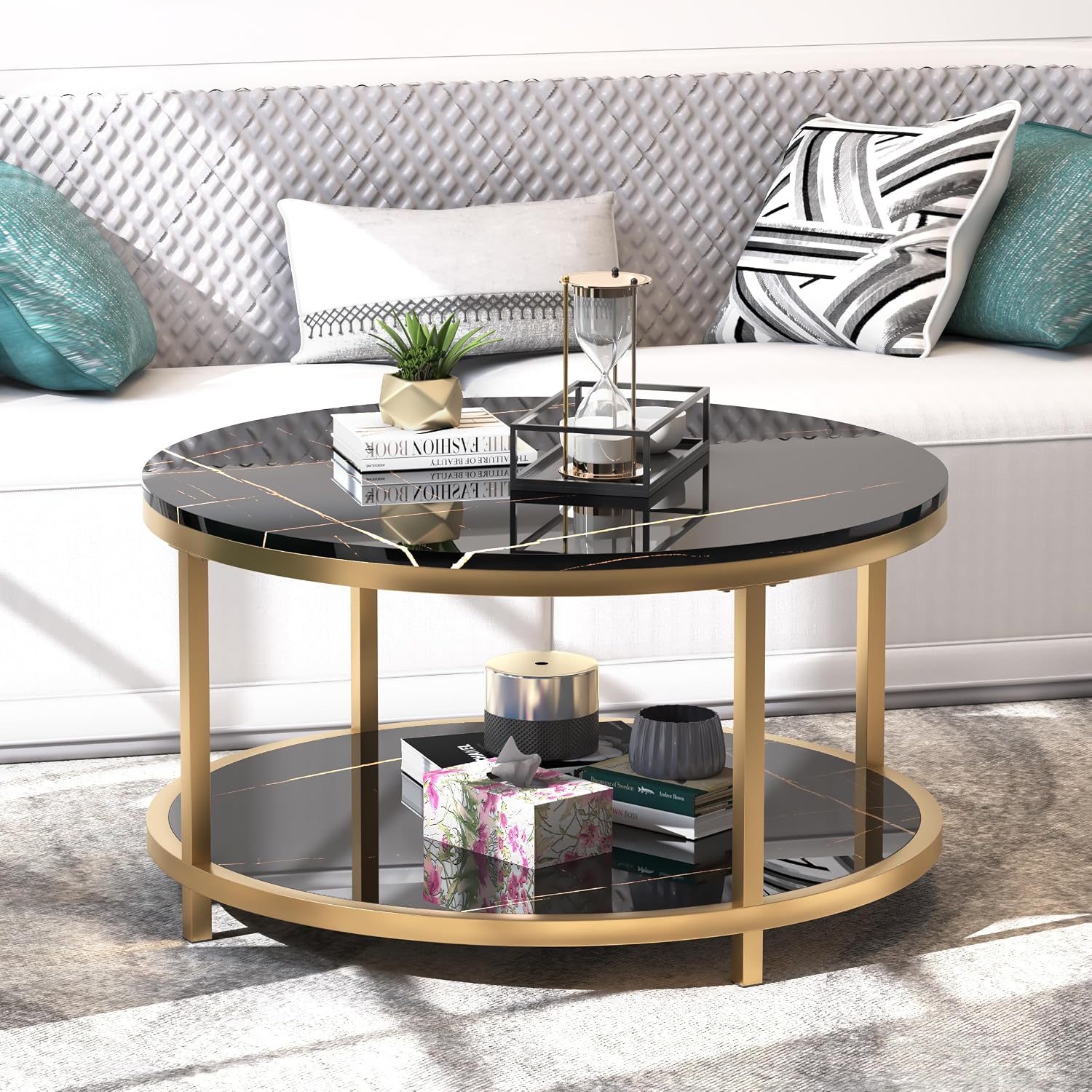 WiberWi Round Coffee Table 33.5' Coffee Tables for Living Room High Glossy Faux Balck Marble Top Modern Circle Table Sturdy Gold Metal Frame Legs Cocktail Table with Storage Open Shelf