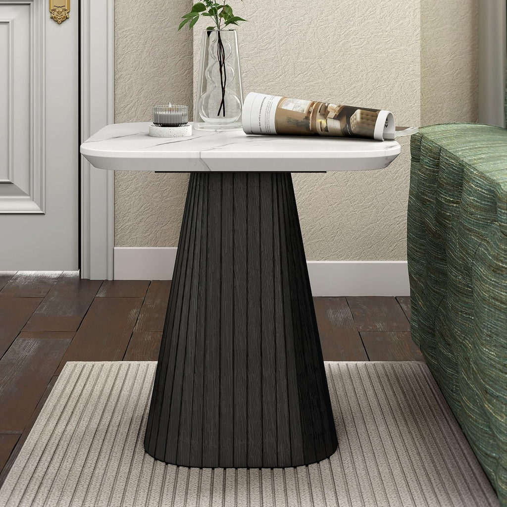 Furniture of America Coraly Modern 22-inch Square End Table with High Gloss Faux Marble Top and Fluted Pedestal Base, Wooden Nightstand for Small Space, Living Room, Home Office, Black and White