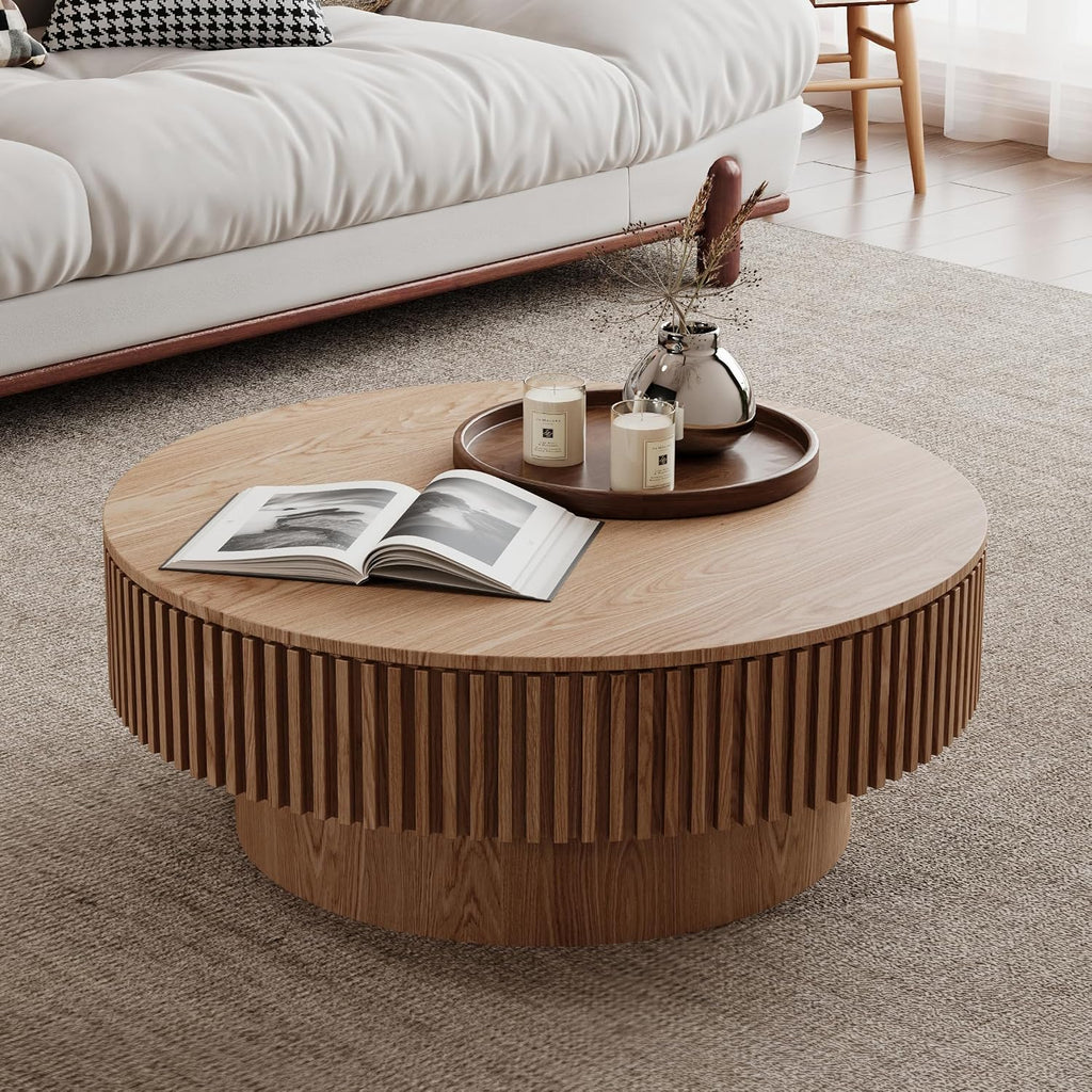 JUSTONE 31.5' Round Coffee Table,Farmhouse Wood Coffee Table with Storage for LivingRoom,Apartment,Office,Natural
