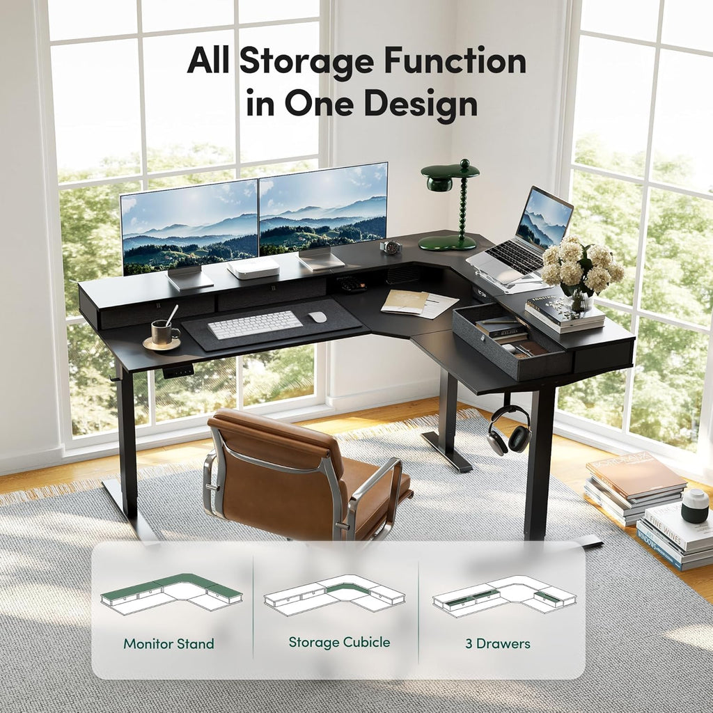 CubiCubi 63x48 Inches L Shaped Standing Desk with 3 Drawers and Monitor Shelf, Height Adjustable Corner Computer Desk with Hooks, Sit Stand Up Ergonomic Home Office Workstation Table, Black
