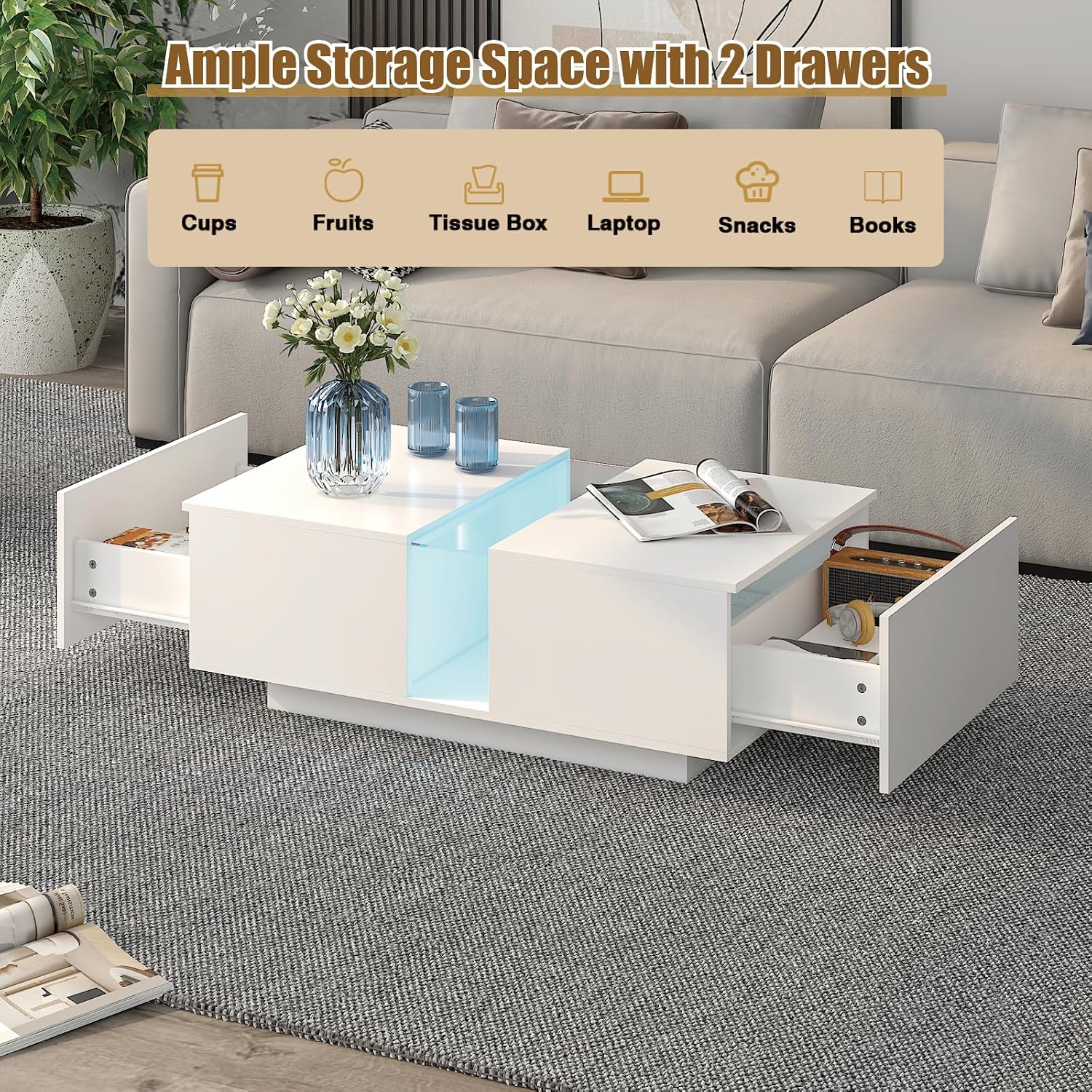 HedoAjim White Led Coffee Table for Living Room, Rectangular Living Room Table with Storage, Acrylic Coffee Tables with 2 Sliding Drawers, Wood Center Table for Reception Dinning Room