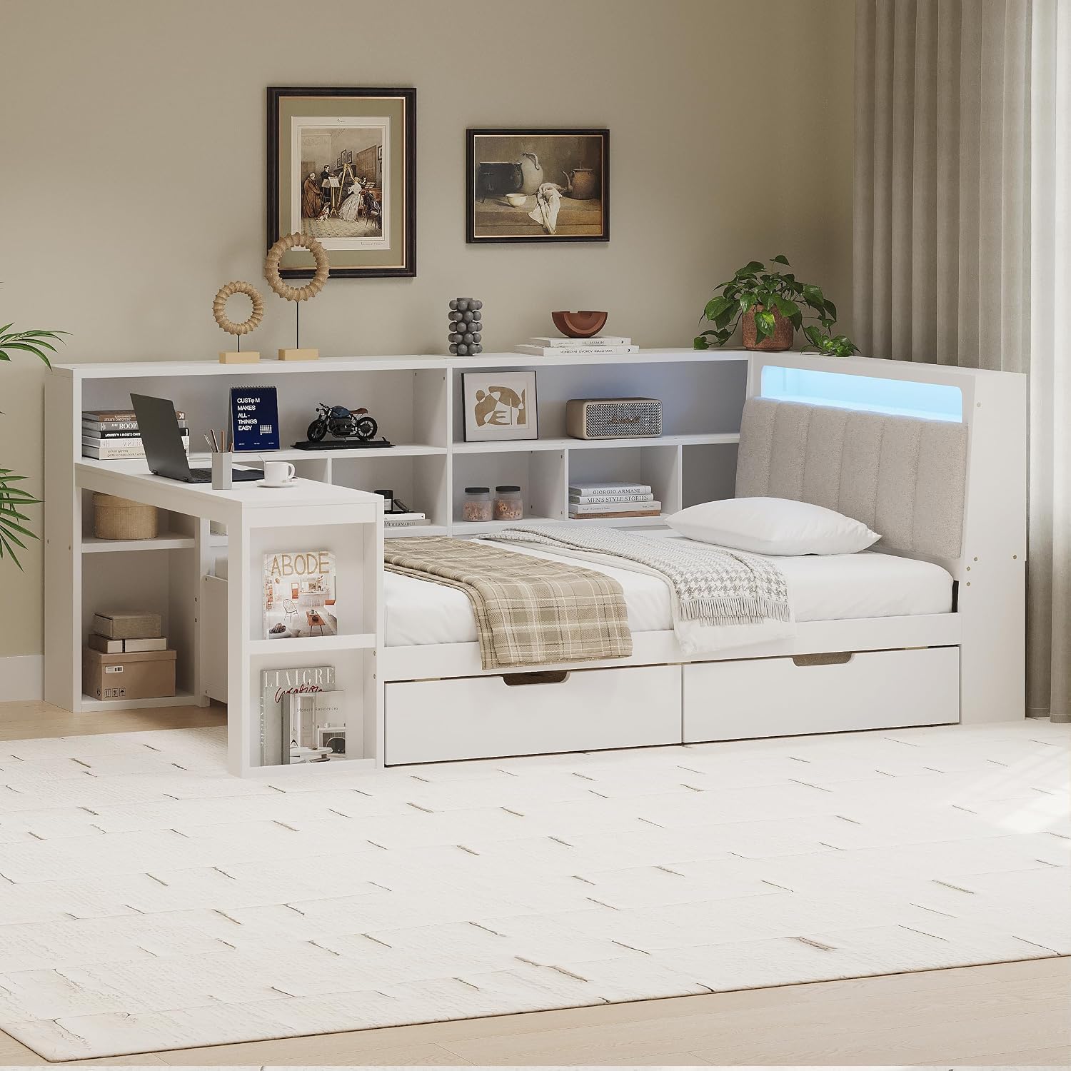 Multi-Functional Full Size Daybed with Storage Shelves and Study Desk, Wood Corner Bed Frame with Upholstered Headboard and 2 Drawers for Office Living Room Bedroom, Space-saving (White-G8, Full)
