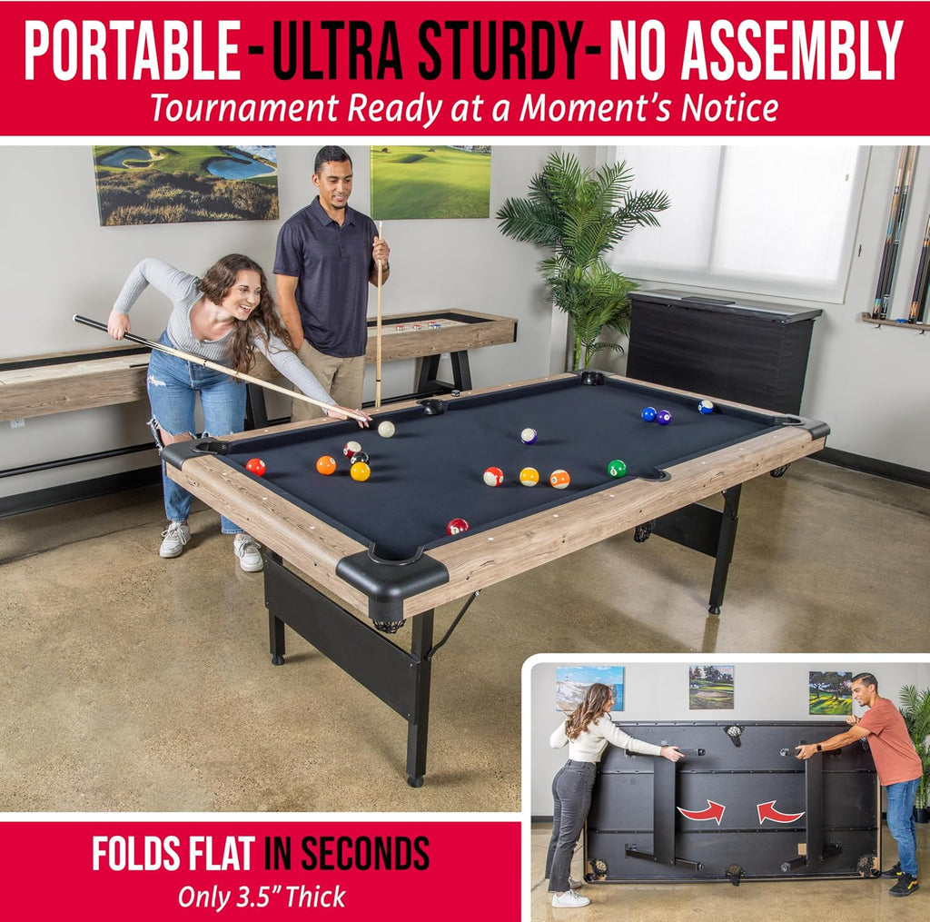 GoSports 6, 7, or 8 ft Billiards Tables - No Assembly, Choose Your Color - Portable Pool Table Includes Full Set of Balls, 2 Cue Sticks, Chalk and Felt Brush
