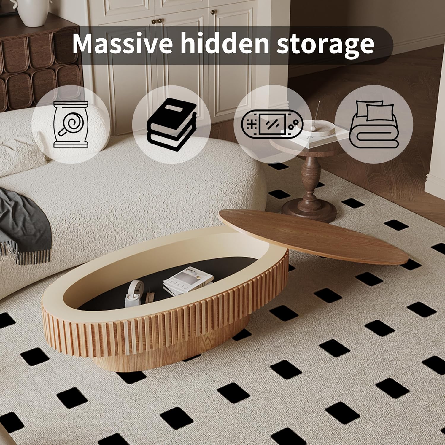Oval Coffee Table with Storage for Living Room Fluted Pedestal Coffee Table Modern Handcrafted Centre Table for Apartment, Easy Assembly 47.2'x23.6', Oak