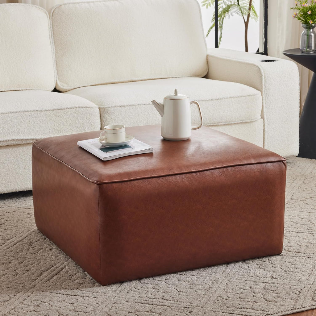 Christopher Knight Home Faux Leather Ottoman Footstool, Square Pouf Poufee Footrest Ottoman Large Seat, Modern Side Table for Living Room Bedroom Home Decor Gifts, Light Brown 30'