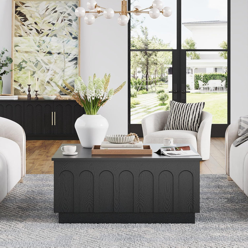 FORTUNETEC Lift Top Coffee Table with Storage, Modern Coffee Table with Arched Design, 31.5' Square Tea Table with Wood Grain, Minimalist Multifunctional Center Table for Living Room, Office, Black