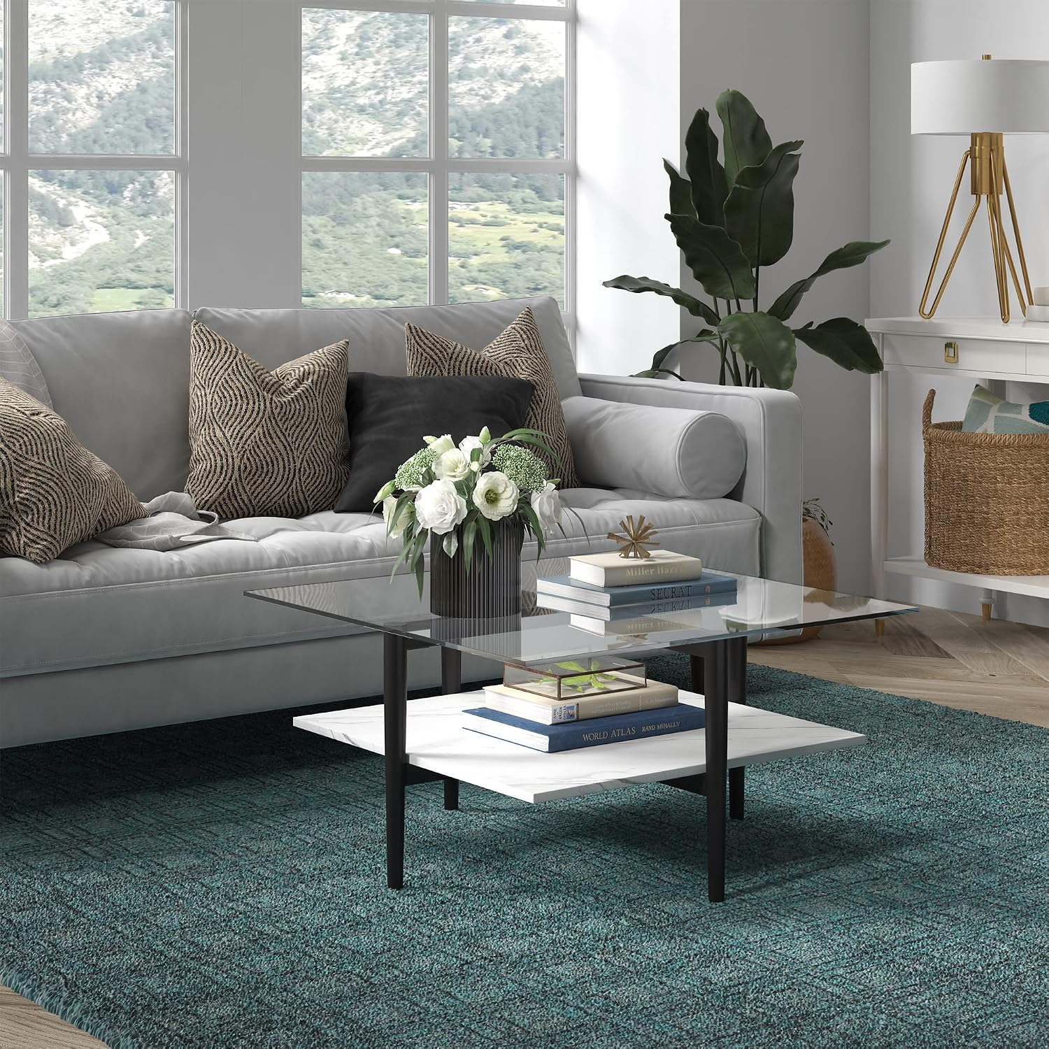 Otto 32' Wide Square Coffee Table with Faux Marble Shelf in Blackened Bronze