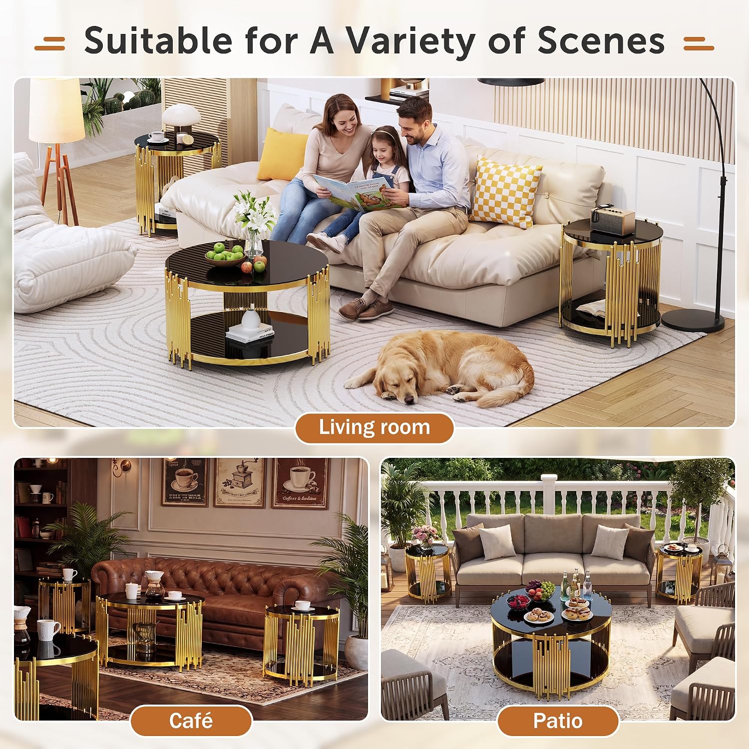 Luxury Gold Round Glass End Table Set of 2, 19.7' Modern Side Table with Stainless Steel Irregular Leg Black Tempered Glass Tabletop, Accent Furniture for Living Room, Black