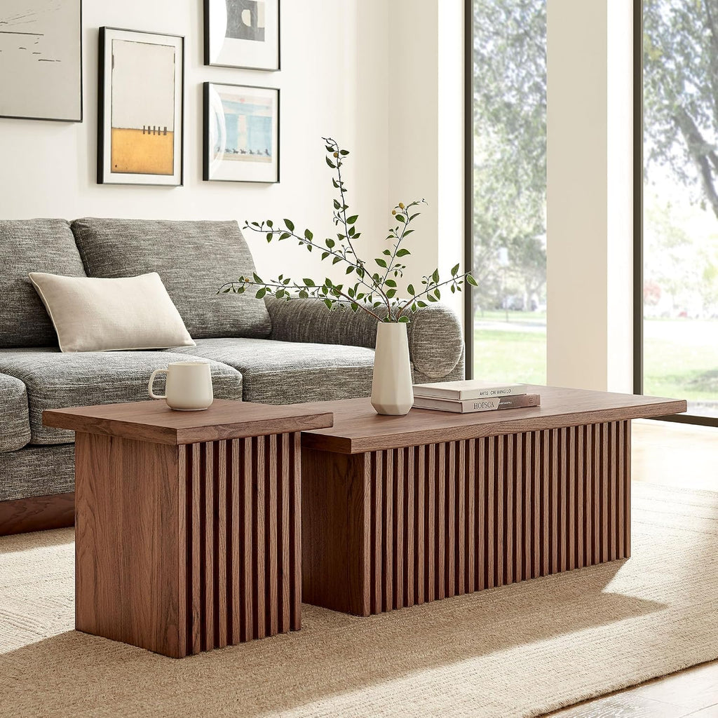 Modway Render Slatted Nesting Coffee Table Set in Walnut - 2 Piece Low Profile Coffee Table Mid Century Modern - Abstract Coffee Tables for Living Room - Nested Accent Tables