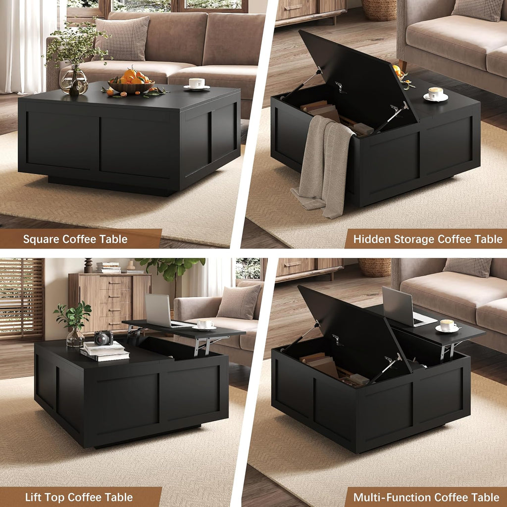 HedoAjim Lift Top Coffee Table with Storage, 31.5' Square Black Coffee Table with Large Hidden Storage, Wood Living Room Table Center Table for Living Room Dining Reception Room