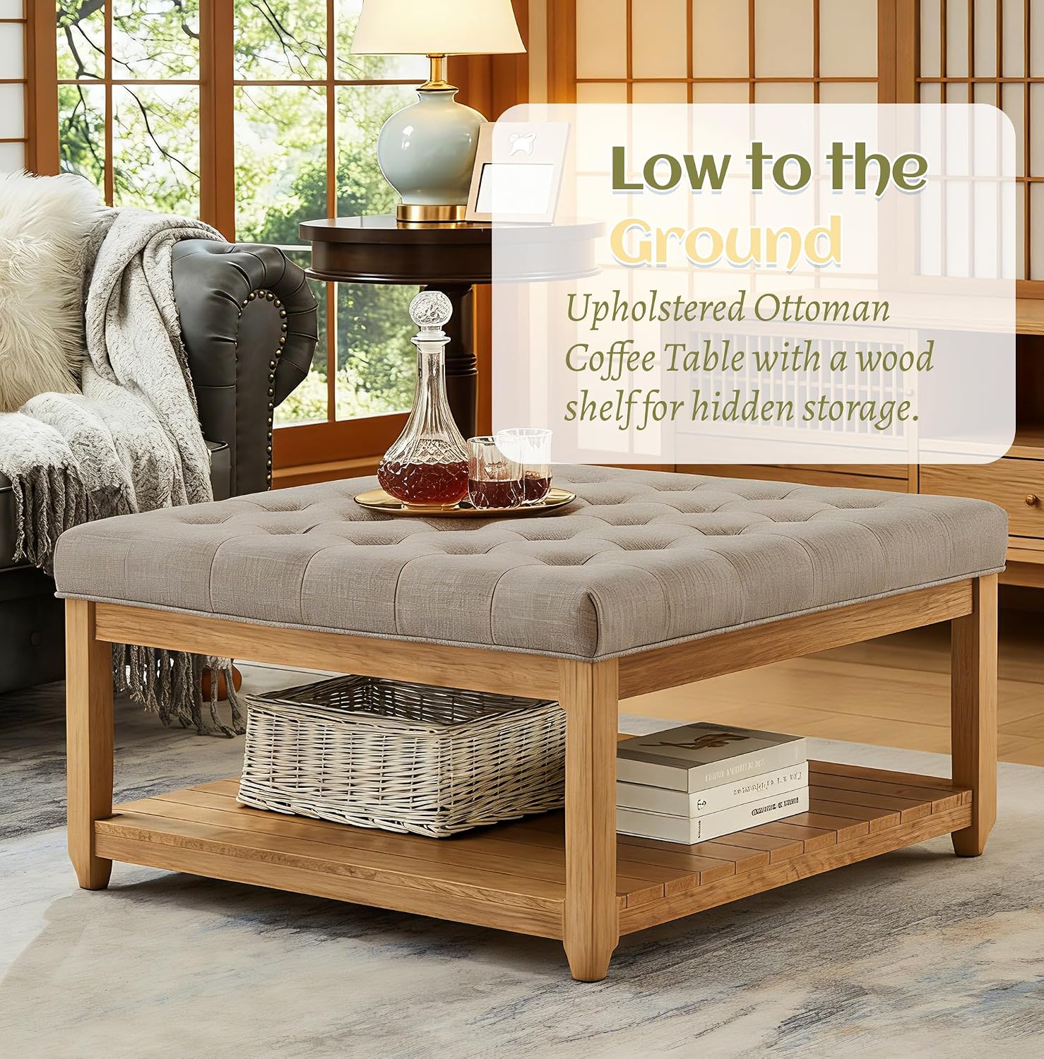 Ottoman Coffee Table, Upholstered Square Coffee Table with Storage Solid Wood Shelf, Linen Large Footrest Ottoman Pouf for Living Room, Linen