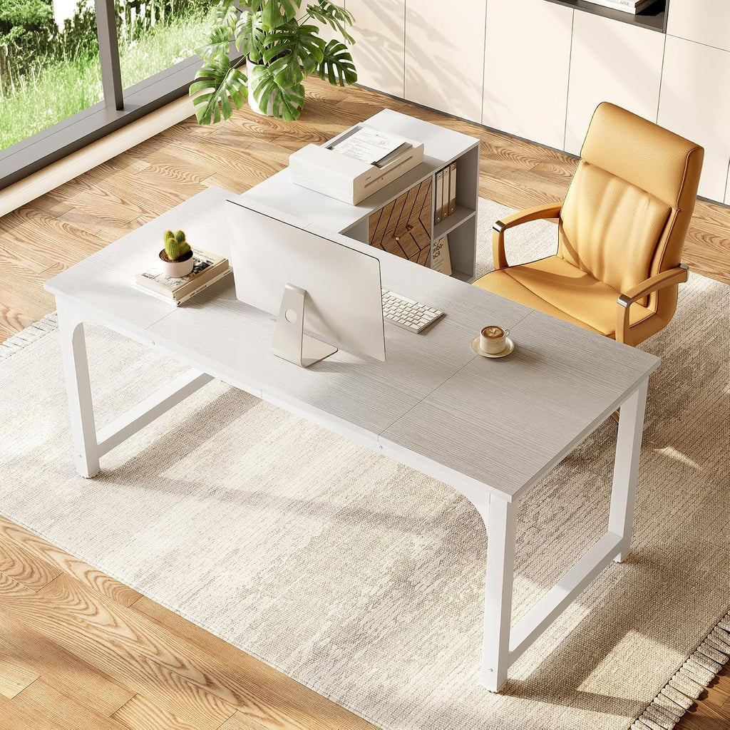 Little Tree 63-Inch L-Shaped Office Desk, Wooden Office Desk with Drawers, Large Home Office with Storage Shelf, Corner Computer Desk for Home Office, Bedroom, White