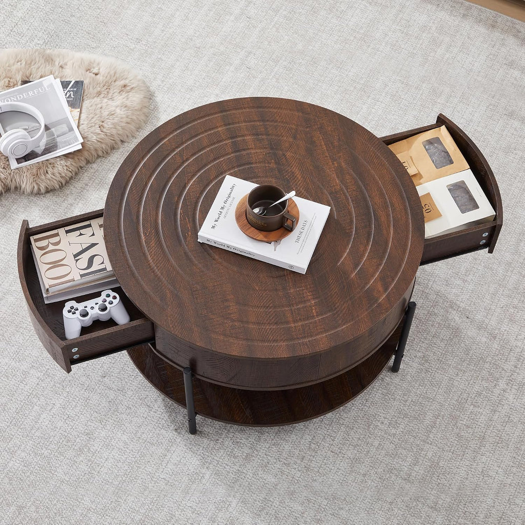 RARZOE 30.5' Round Coffee Table with Storage, Wooden Circle Coffee Table with Drawer, Storage Shelf, Metal Legs，Small Dining Table Accent Center Table for Living Room Home Office Apartment,Dark Brown