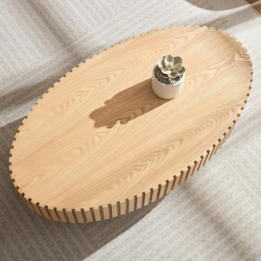 Oak Oval Modern Coffee Table for Living Room, Contemporary Circle Fluted Drum, Easy Assembly, Wood (43.7'' x 24.8'' x 13.38'')