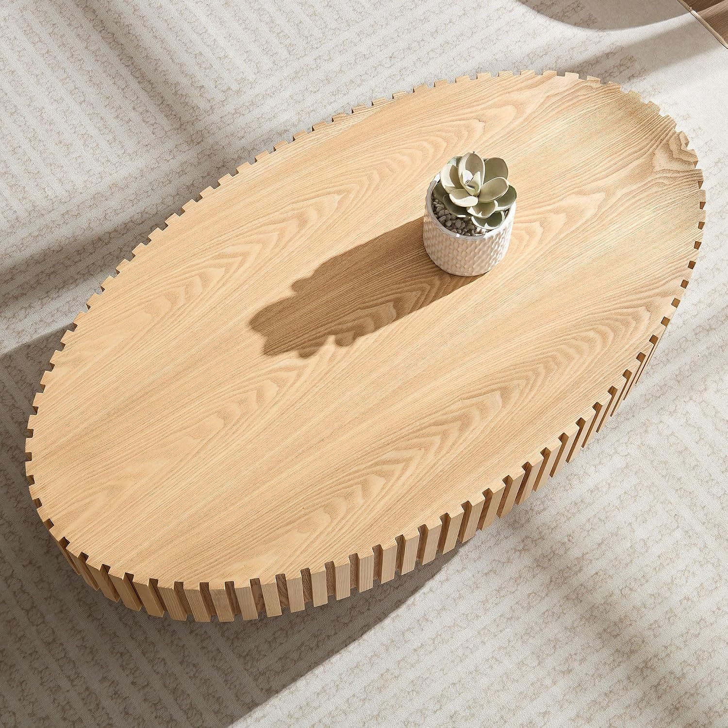 Oak Oval Modern Coffee Table for Living Room, Contemporary Circle Fluted Drum, Easy Assembly, Wood (43.7'' x 24.8'' x 13.38'')