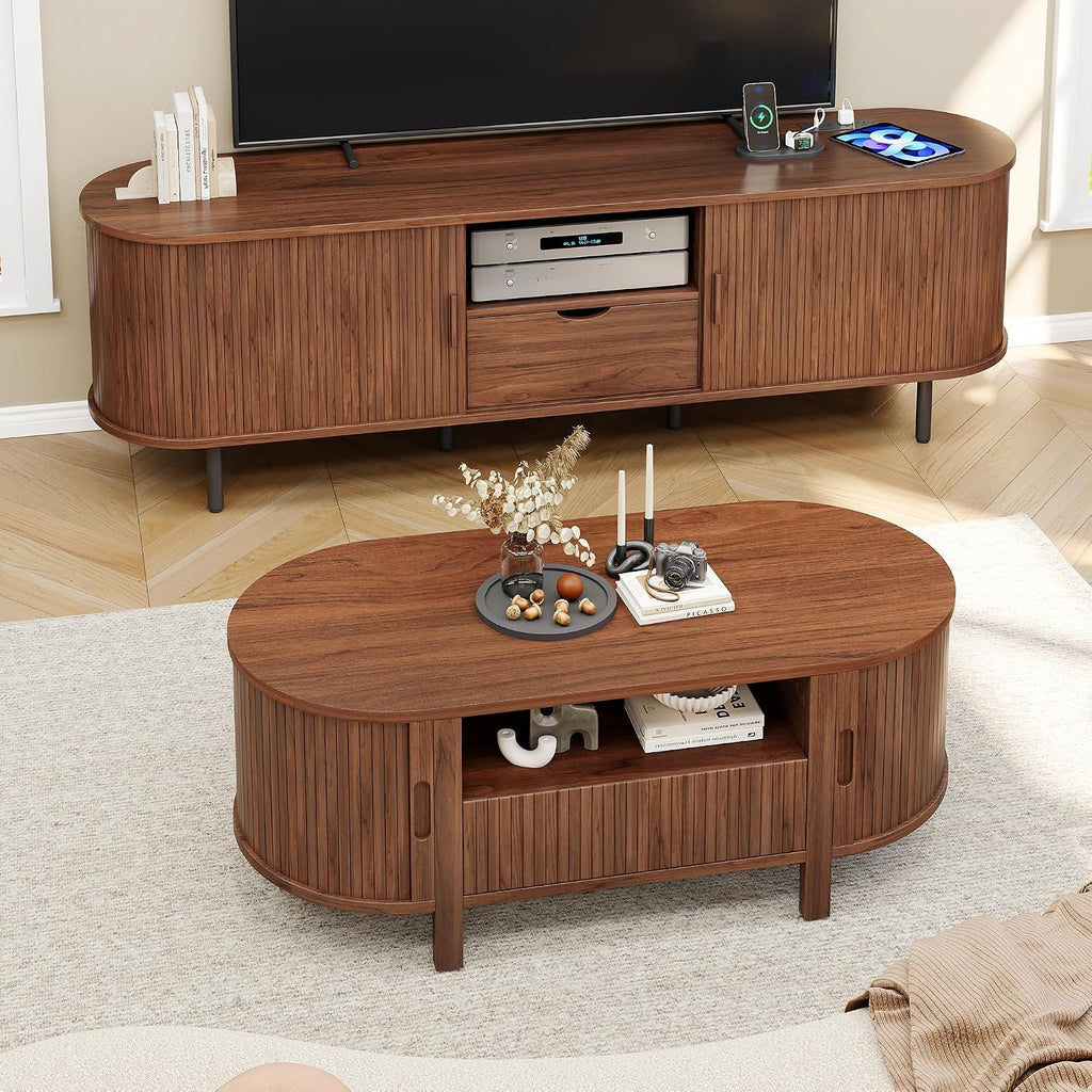 ComfyCorner 47' Oval Coffee Table, Tambour Design Coffee Tables for Living Room, Mid Century Modern Wood Coffee Table, 3-Tier Accent Center Table with Storage, Large Drawer, Walnut