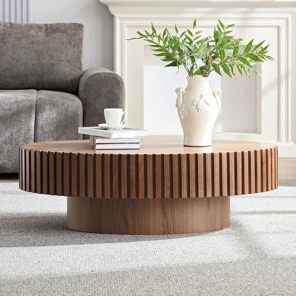 Oval Coffee Table for Living Room Fluted Coffee Table with Pedestal 43.7' Modern Wood Olive-Shaped Center Table for Apartment Easy Assembly Walnut