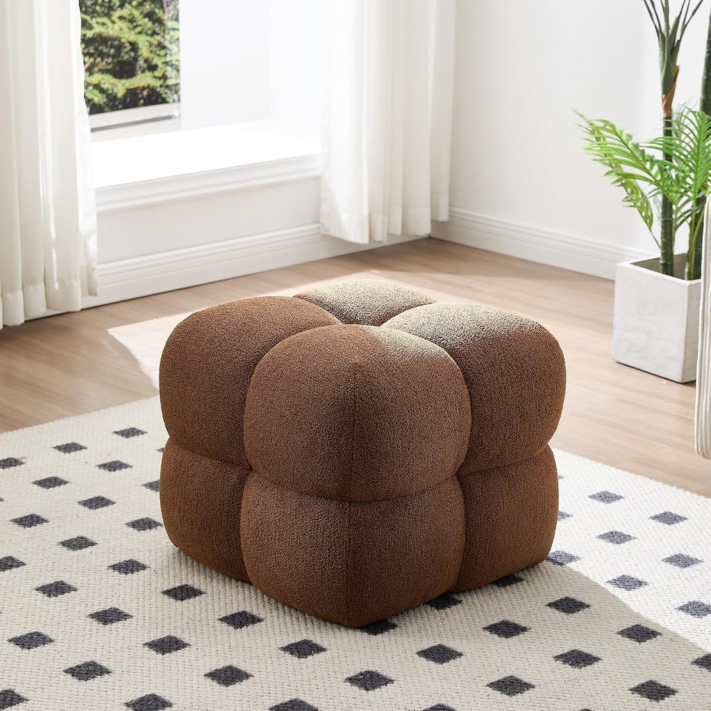Zesthouse Square Pouf Ottomans Footstool Set of 2, Upholstered Poofy Ottoman for Couch Sofa, Modern Ottoman Coffee Table for Living Room, Rust Brown Boucle Fabric Stool Foot Rest, Cute Vanity Chair