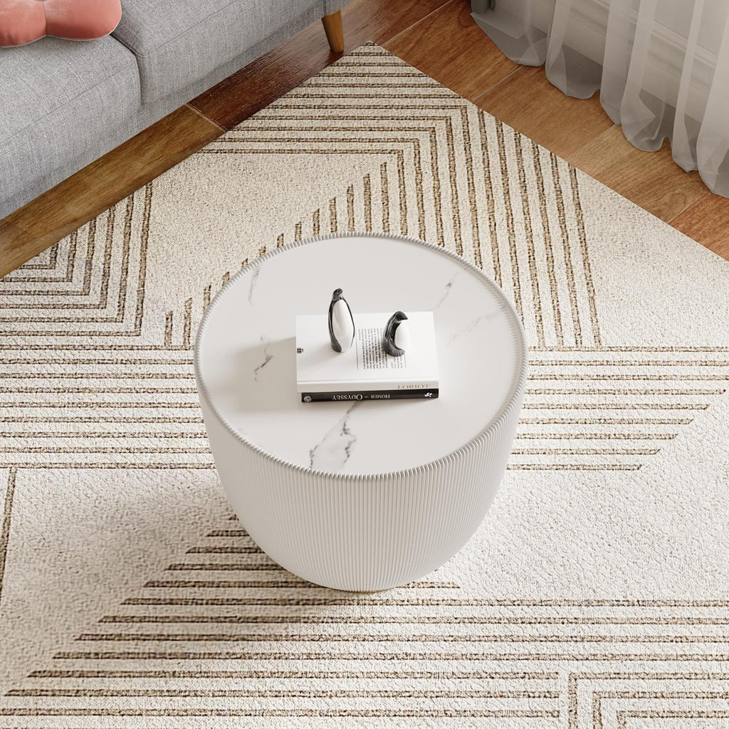 White Round Coffee Table with Sintered Stone Tabletop, 19.69 Drum Coffee Table with Fluted PU Leather Covered and Metal Base, Circle Cocktail Tea Table for Living Room