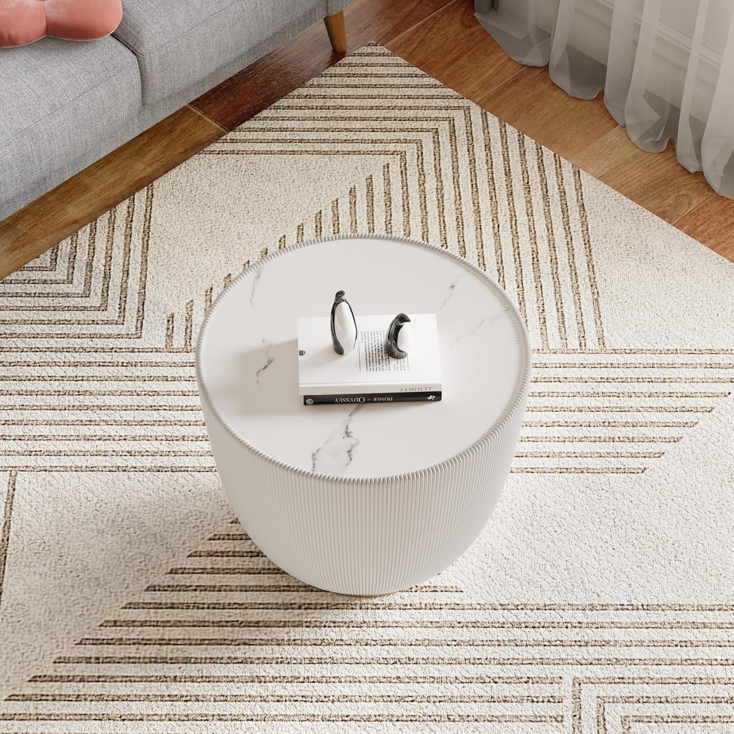 White Round Coffee Table with Sintered Stone Tabletop, 19.69 Drum Coffee Table with Fluted PU Leather Covered and Metal Base, Circle Cocktail Tea Table for Living Room