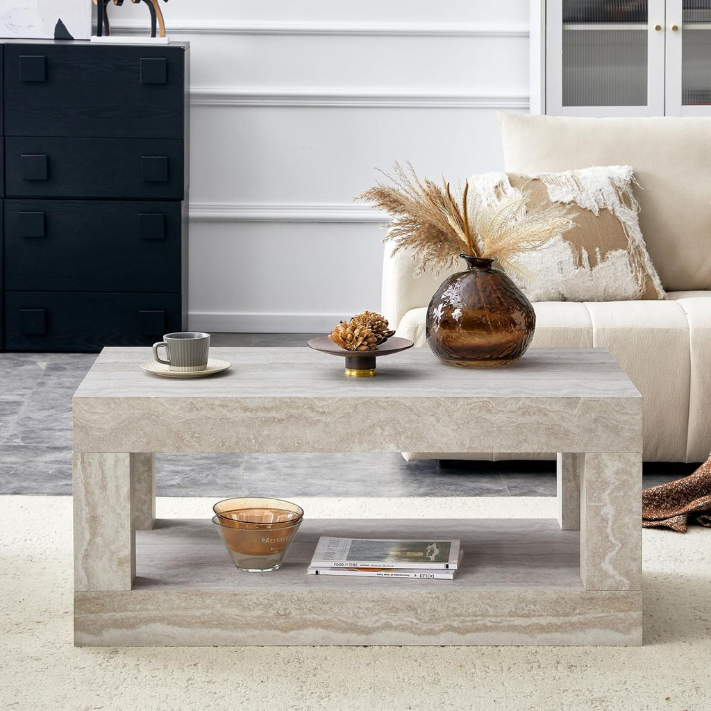 LKTART 39.37' Faux Travertine Stone Coffee Table with Storage, 2-Tier Mid Century Rectangular Accent Table with Thick Tabletop, Rustic Style Cocktail, Center Table for Living Room, Office(Beige)