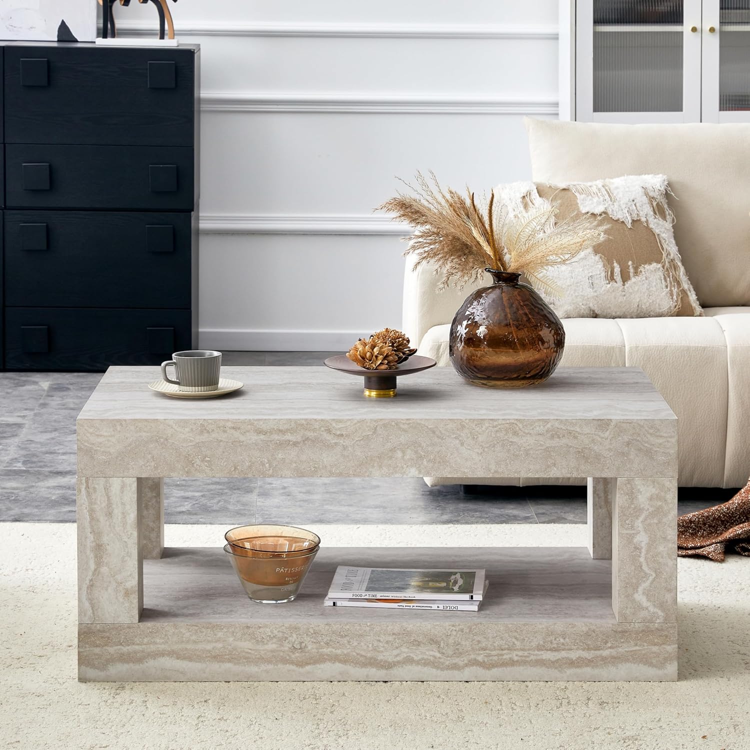 LKTART 39.37' Faux Travertine Stone Coffee Table with Storage, 2-Tier Mid Century Rectangular Accent Table with Thick Tabletop, Rustic Style Cocktail, Center Table for Living Room, Office(Beige)