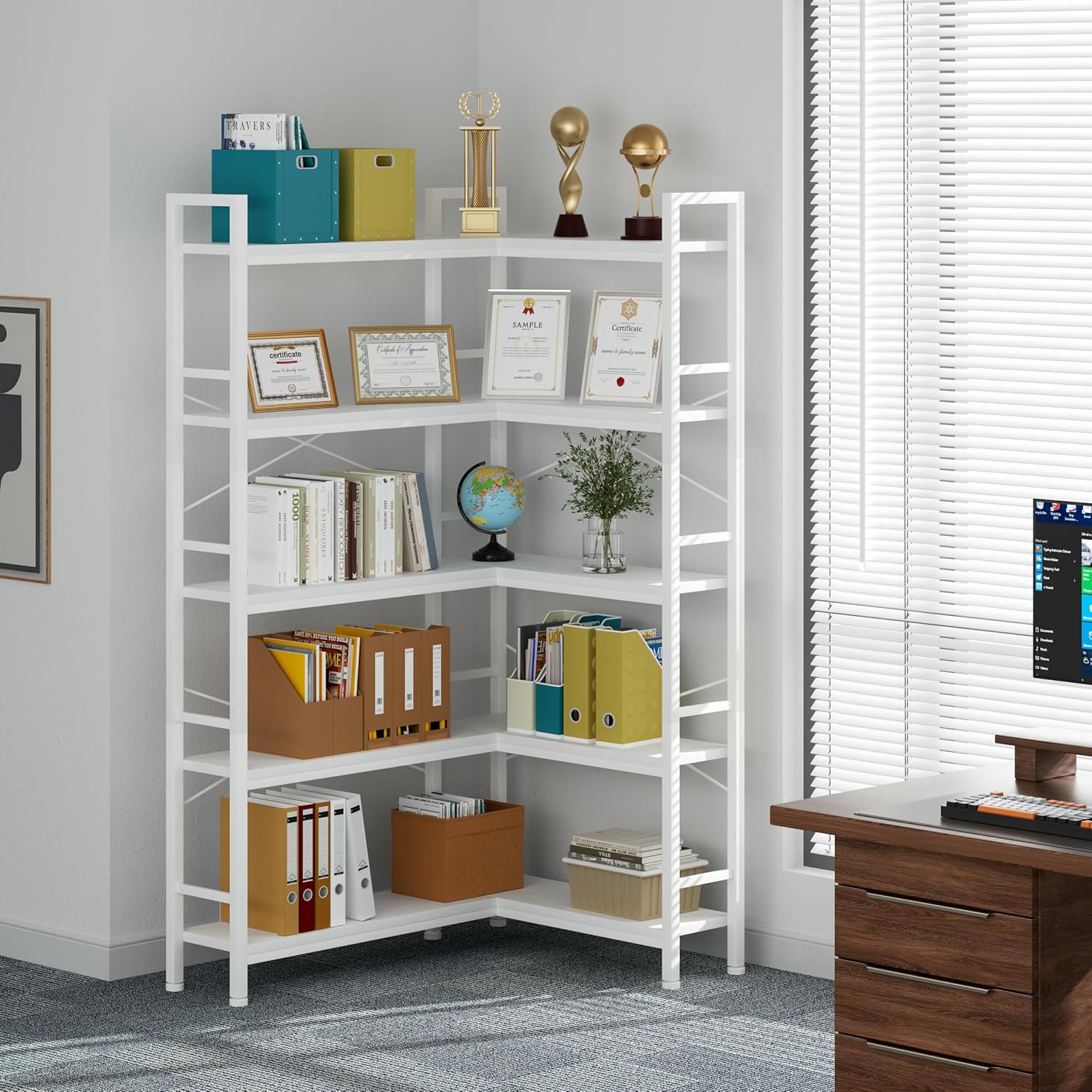 5-Shelf Corner Bookshelf, Large Open Shelf Bookcase,White Metal Frame, L-Shaped Storage Rack with Cross Braces for Living Room Home Office