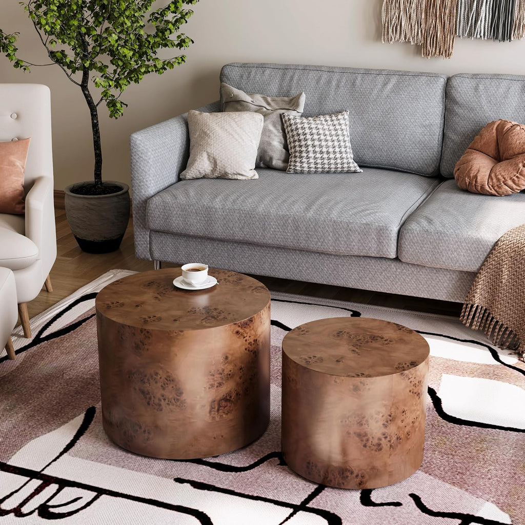WILLIAMSPACE 18.9' Round Nesting Coffee Table Set of 2, Modern Wooden Coffee Tables Small Circle Center Table for Living Room, Accent End Table Set, No Assembling (Brown Burl)