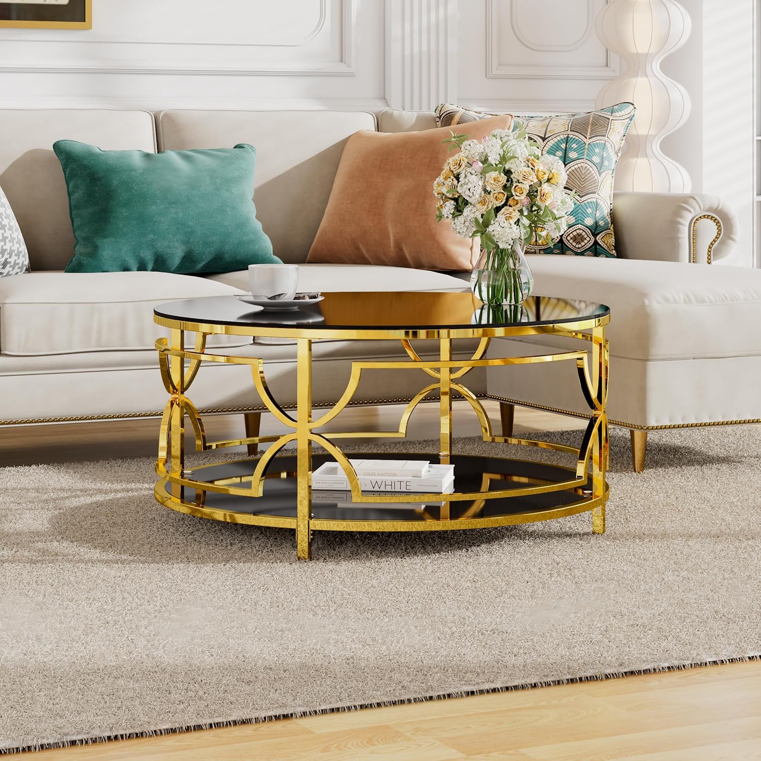 Merax 30.7' Round Tempered Glass Coffee Table, Luxurious Gold Geometric Metal Frame Side Table with Lower Storage Shelf, Modern Accent End Tables for Living Room, Bedroom, Apartment, Office, Black