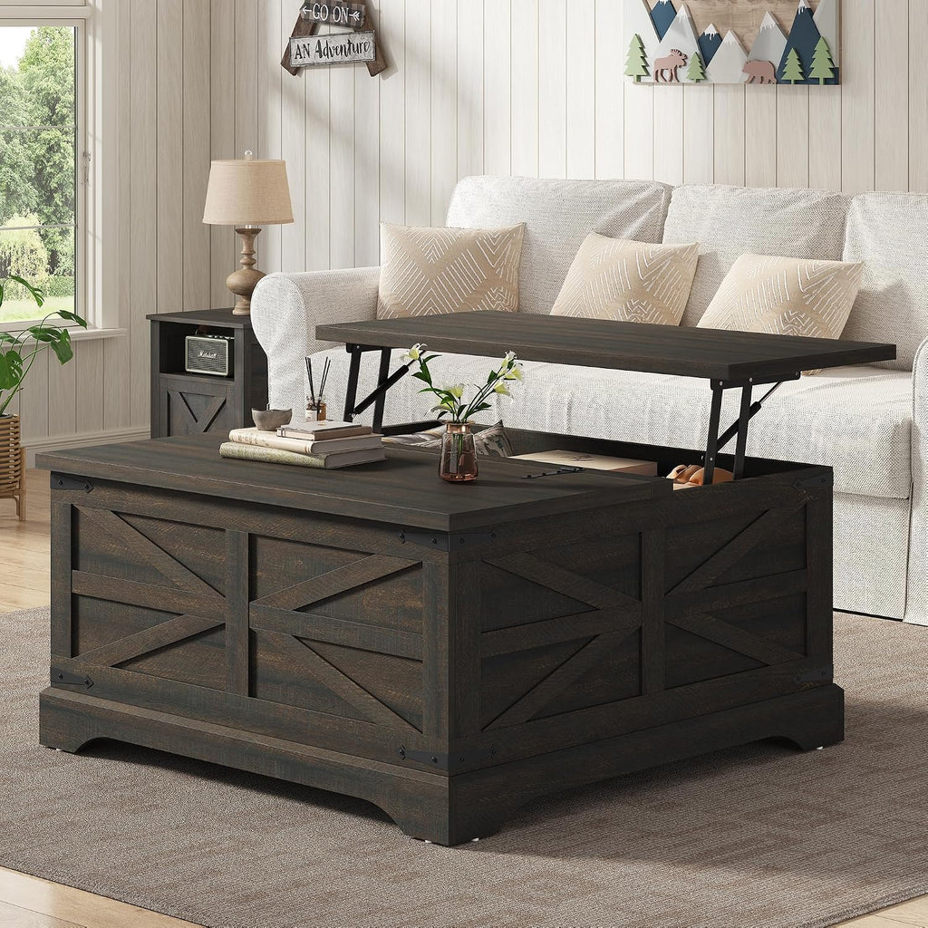Furnideco 35.5''W Square Coffee Table Farmhouse Lift top Coffee Table with Large Hidden Storage, Wood Center Table for Living Room, Home Office, Dark Brown