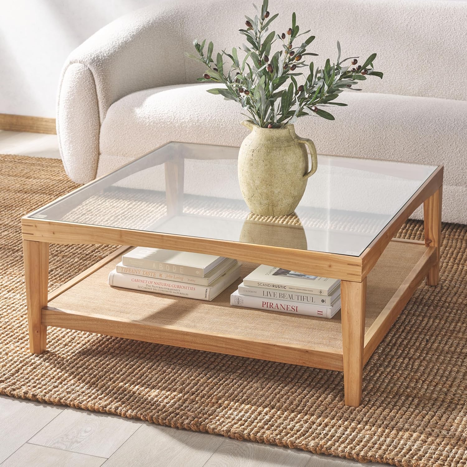 SAFAVIEH Couture Collection Nicolella Natural Solid Wood/Glass Top Square Coffee Table