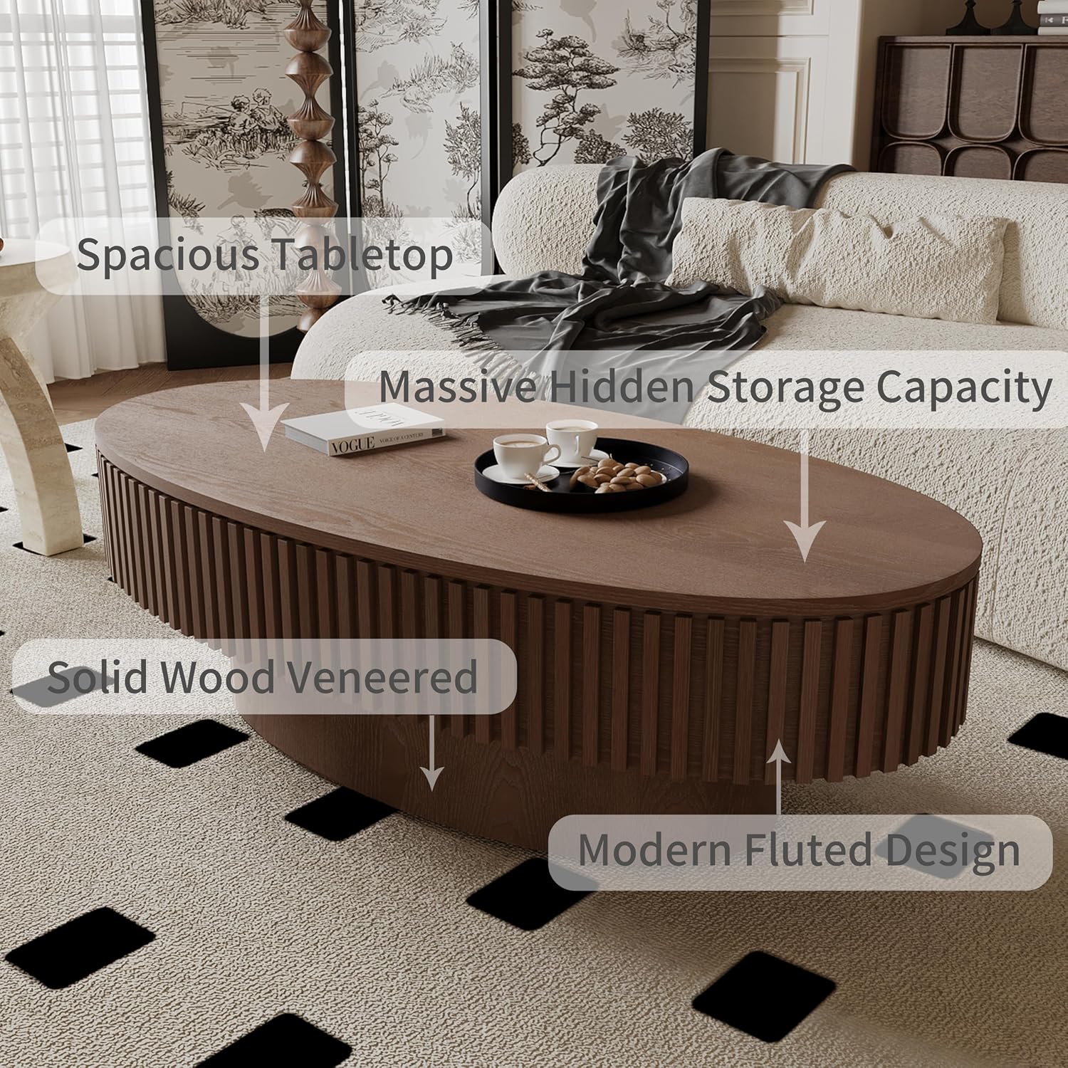 47.2'' Oval Coffee Table with Storage for Living Room Wood Fluted Coffee Table Mid Century Modern Coffee Tables with Lid Pedestal Center Tables for Apartment Walnut