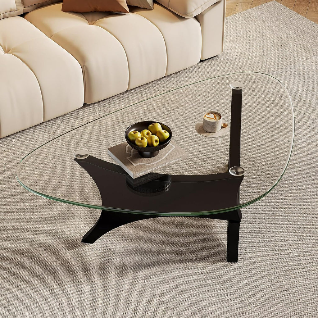 Glass Coffee Table Mid-Century Modern Coffee Table for Living Room Center Table Suitable for Bedroom Living Room Reception Office Tables（Black/Transparent，Large）