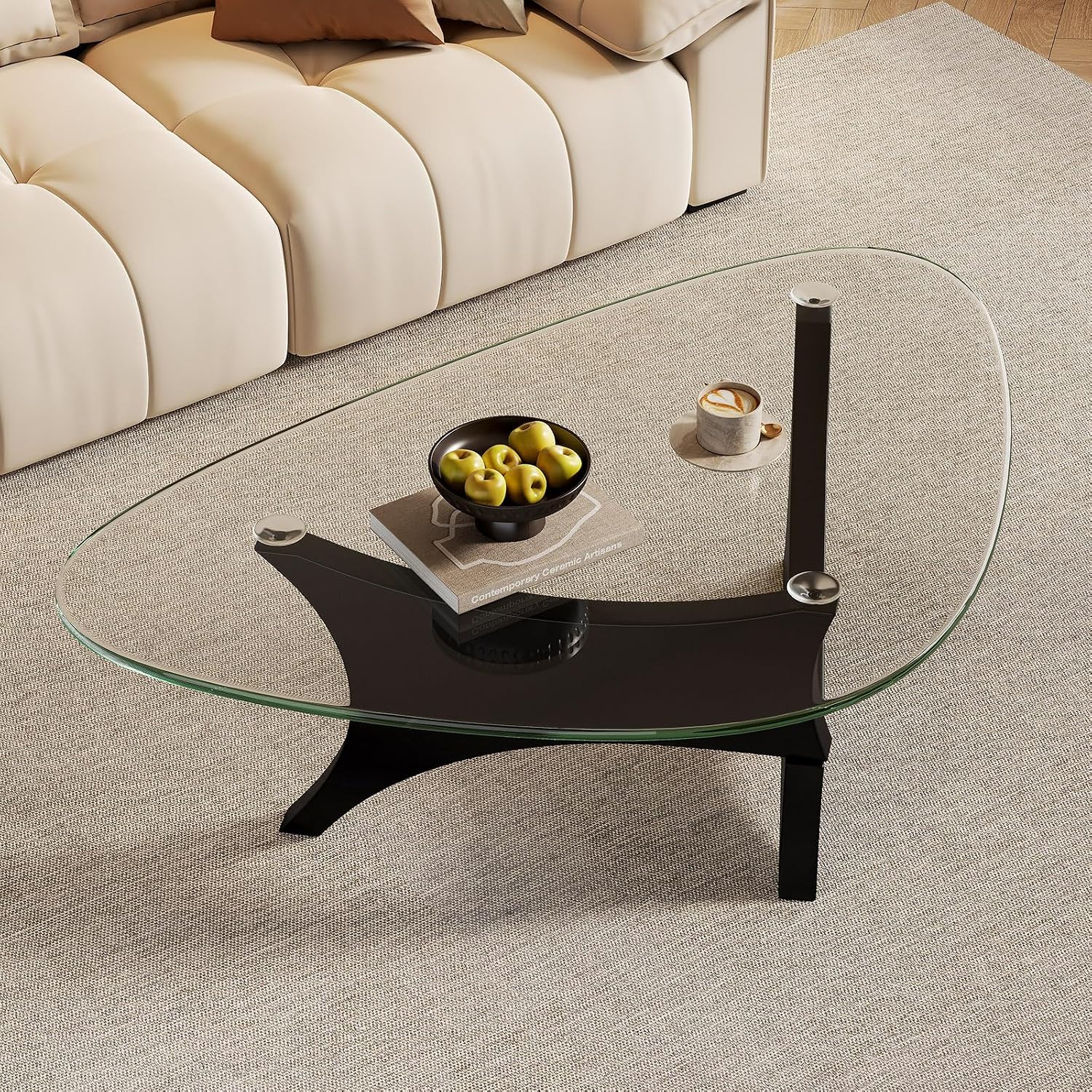 Glass Coffee Table Mid-Century Modern Coffee Table for Living Room Center Table Suitable for Bedroom Living Room Reception Office Tables（Black/Transparent，Large）