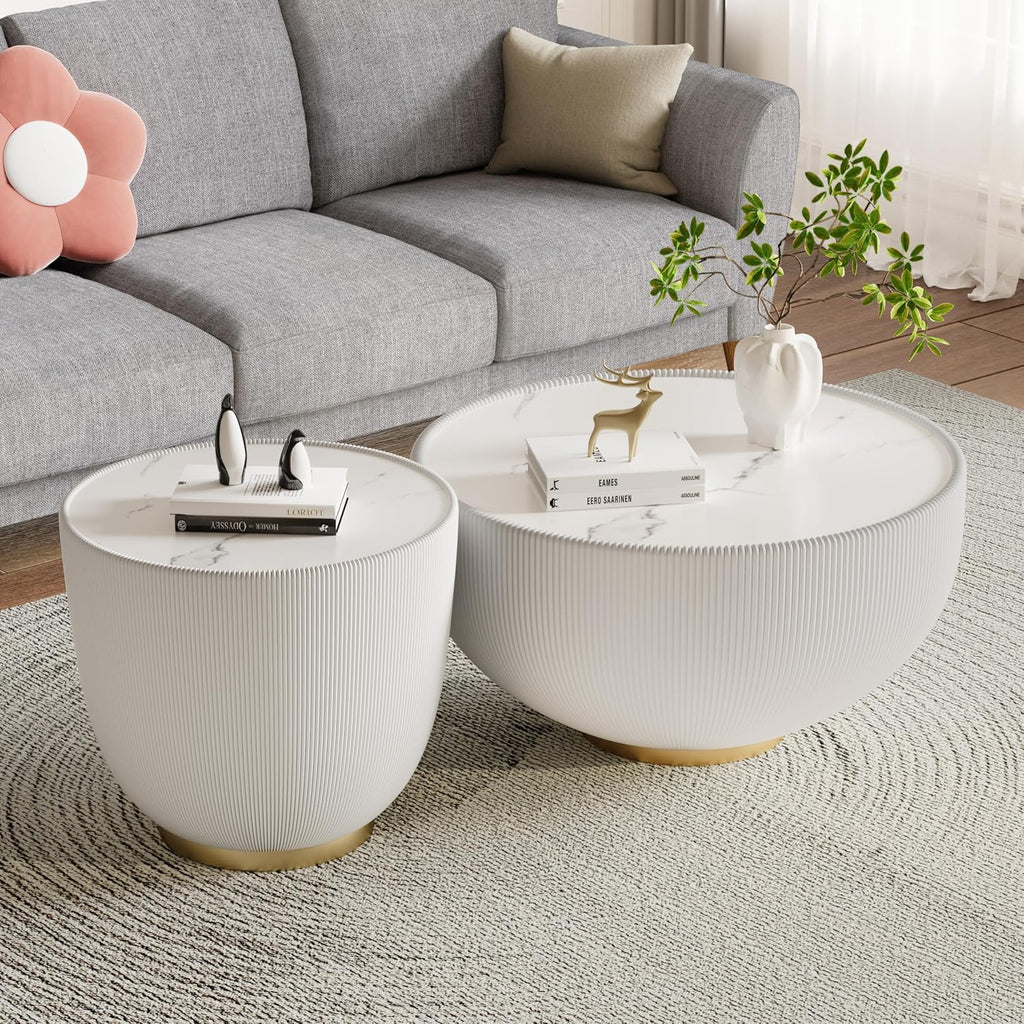 White Round Coffee Table with Sintered Stone Tabletop, 19.69 Drum Coffee Table with Fluted PU Leather Covered and Metal Base, Circle Cocktail Tea Table for Living Room