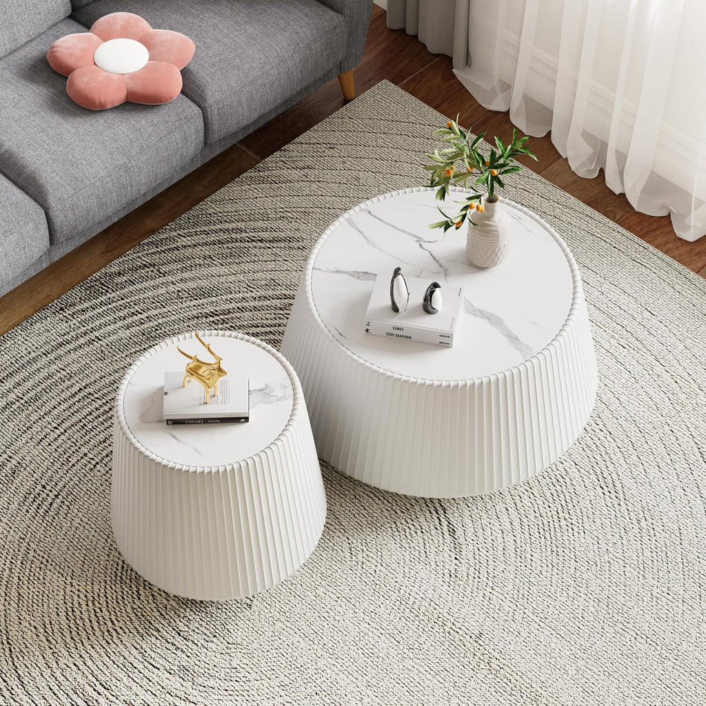 Round Coffee Table Set with Sintered Stone Tabletop, 26.77' White Drum Center Table and 19.68' White Coffee Table Set, 2 Pieces Living Room Table Set with Fluted PU Leather Cover& Stable Base