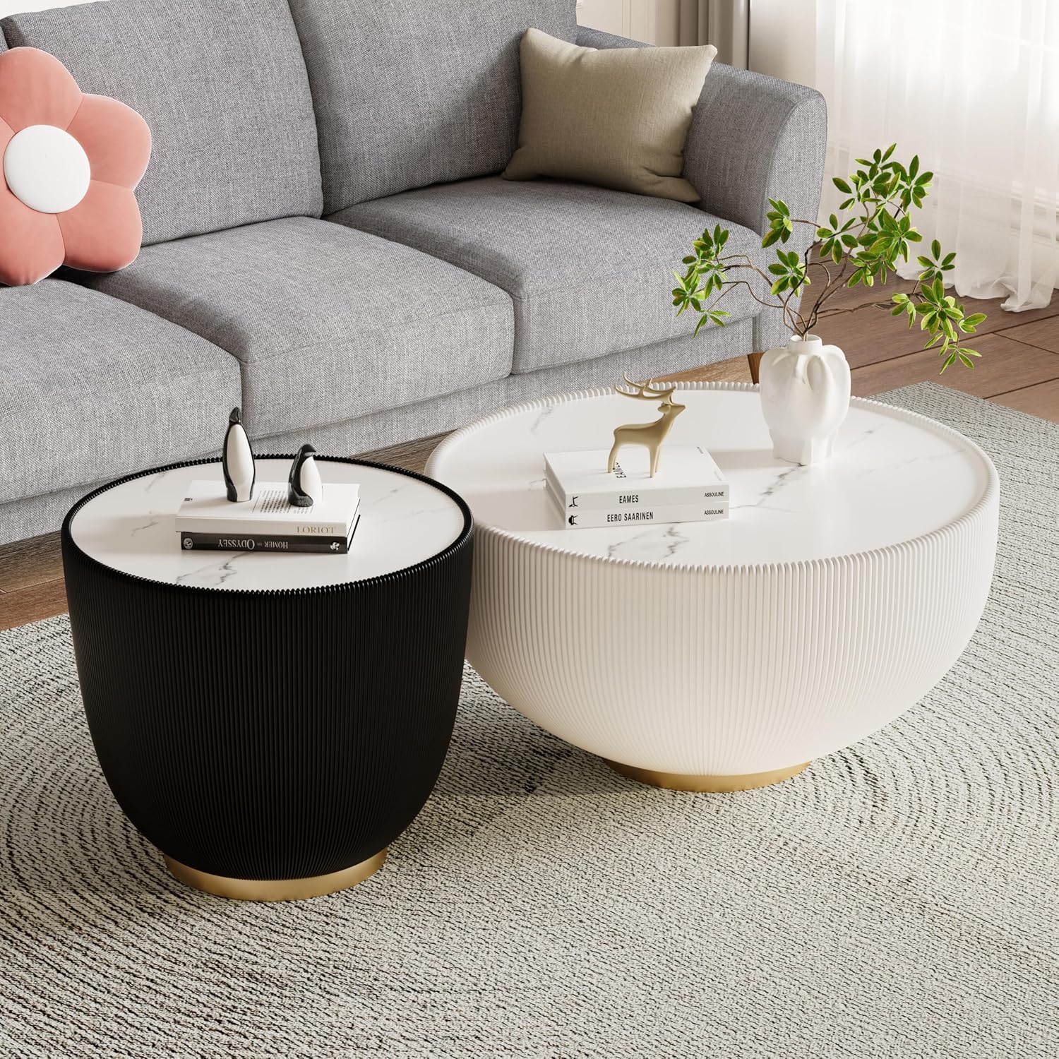 Round Coffee Table Set with Sintered Stone Tabletop, 27.56' White Drum Center Table and 19.69' Black Coffee Table Set, 2 Pieces Living Room Table Set with Fluted PU Leather Cover& Metal Base