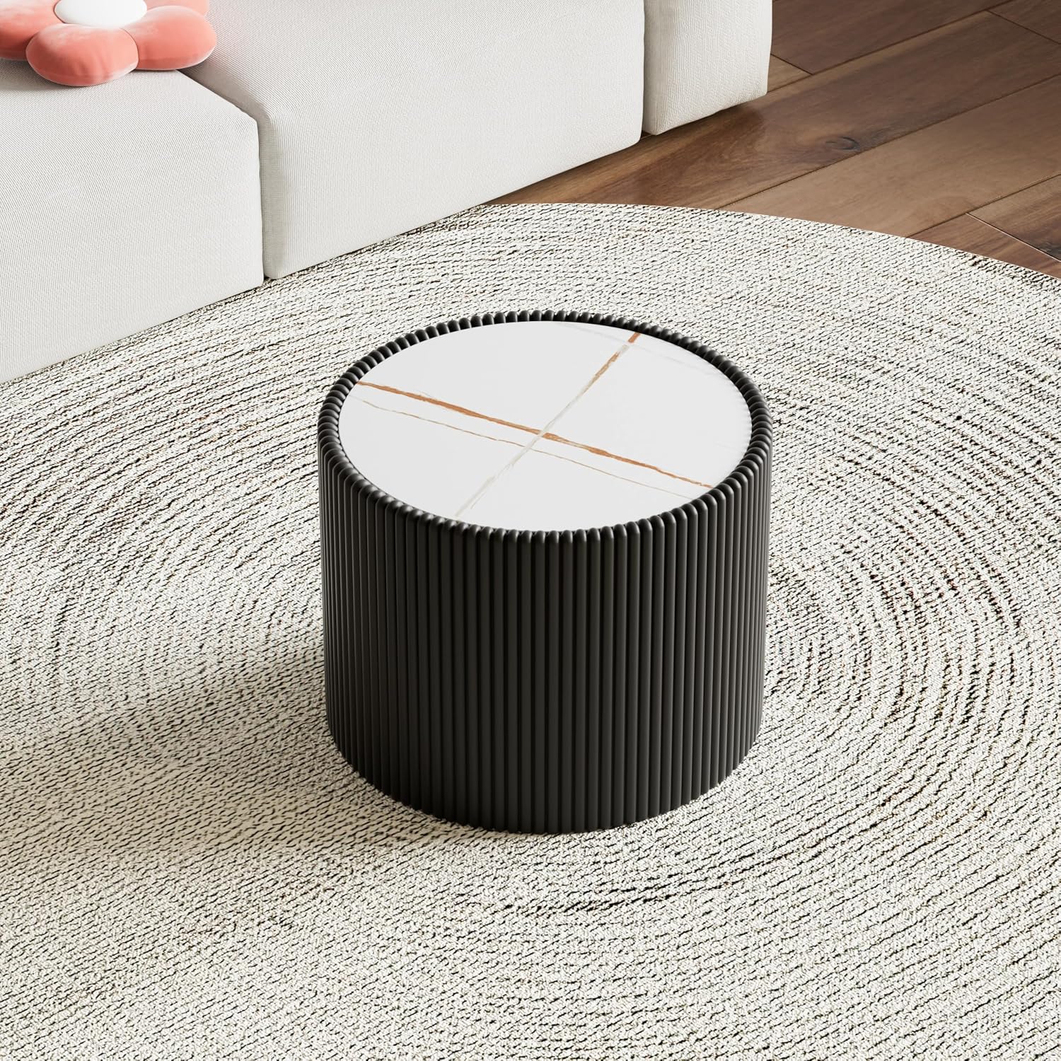 Round Coffee Table Set with Sintered Stone Tabletop, 29.52' White Drum Center Table and 17.71' Black Coffee Table Set, 2 Pieces Living Room Table Set with Fluted PU Leather Cover& Stable Base