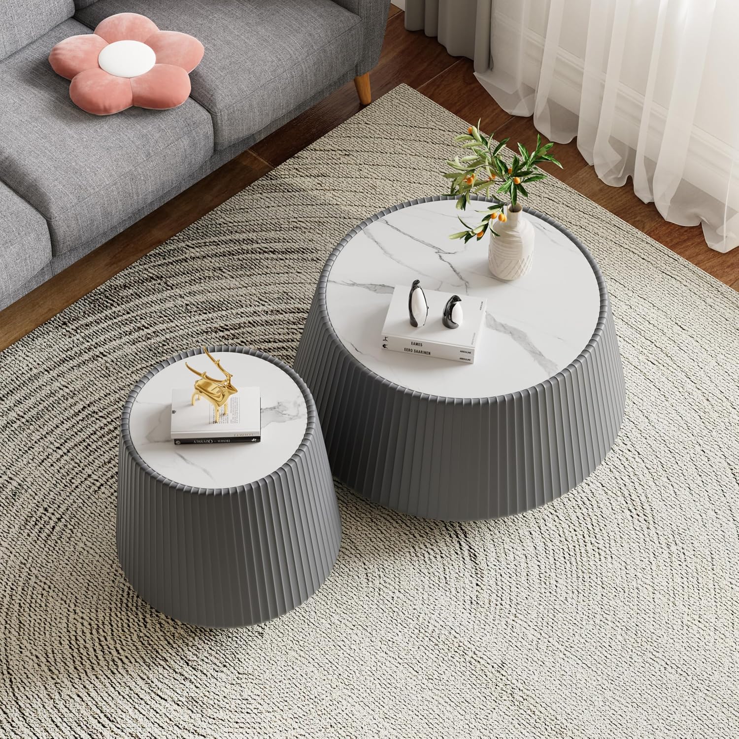 Round Coffee Table Set with Sintered Stone Tabletop, 26.77' Grey Drum Center Table and 19.68' Grey Coffee Table Set, 2 Pieces Living Room Table Set with Fluted PU Leather Cover& Stable Base