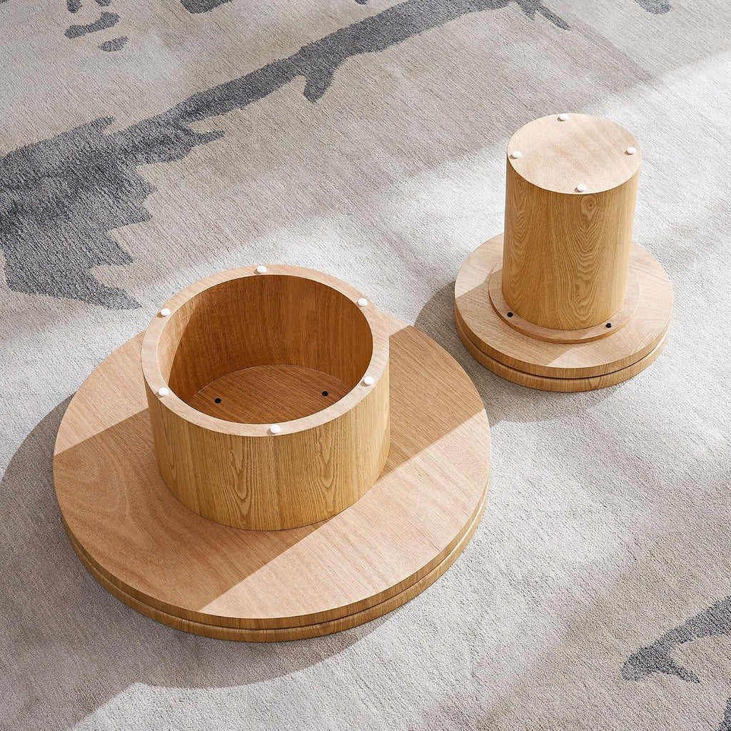 JUSTONE 35.43''Round Fluted Coffee Table,Farmhouse Wood Coffee Table for Living Room Apartment,Easy Assembly,Oak(ø35.43'' x 13.78'')