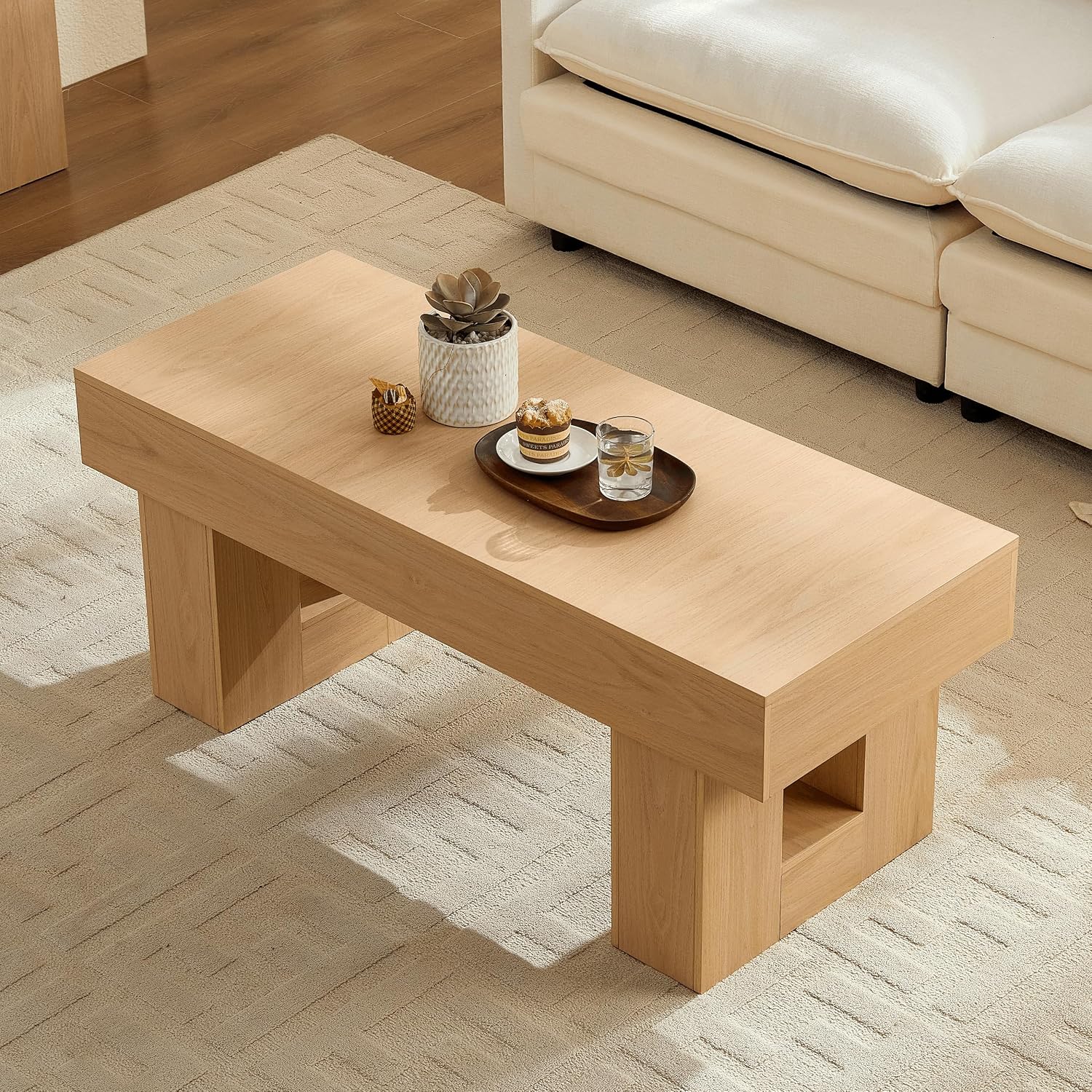 OKYCI Modern Coffee Table for Living Room, Wood Living Room Table with Sturdy Wooden Legs, Easy Assembly, 47' W x 19' D, Natural Oak