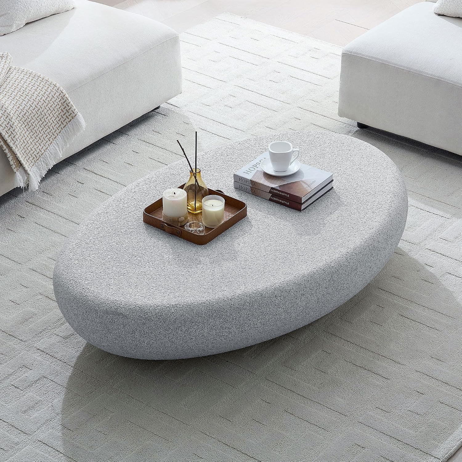 55.12' Fiberglass Elliptical Coffee Table for Living Room,Matte Rocks Vintage Table Front of the Sofa,No Need Assembly,Rock Grey