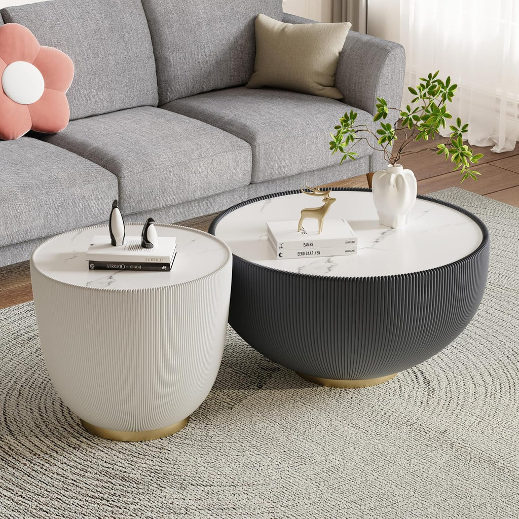 Round Coffee Table Set with Sintered Stone Tabletop, 27.56' Grey Drum Center Table and 19.69' White Coffee Table Set, 2 Pieces Living Room Table Set with Fluted PU Leather Cover& Metal Base