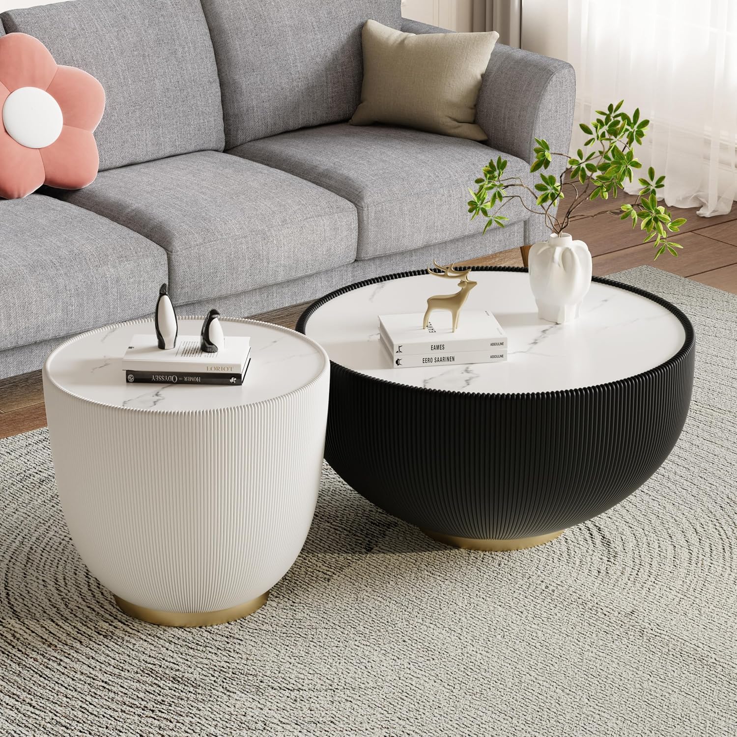 Round Coffee Table Set with Sintered Stone Tabletop, 27.56' Black Drum Center Table and 19.69' White Coffee Table Set, 2 Pieces Living Room Table Set with Fluted PU Leather Cover& Metal Base
