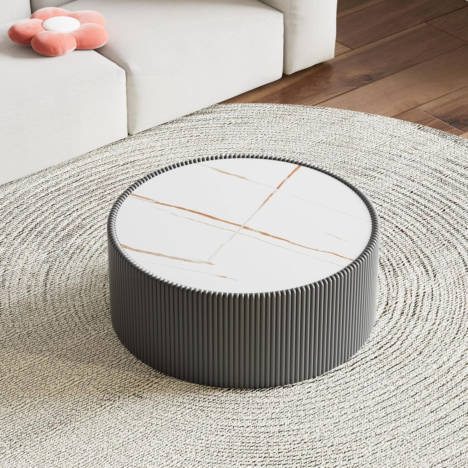 Round Coffee Table Set with Sintered Stone Tabletop, 29.52' Grey Drum Center Table and 17.71' White Coffee Table Set, 2 Pieces Living Room Table Set with Fluted PU Leather Cover& Stable Base