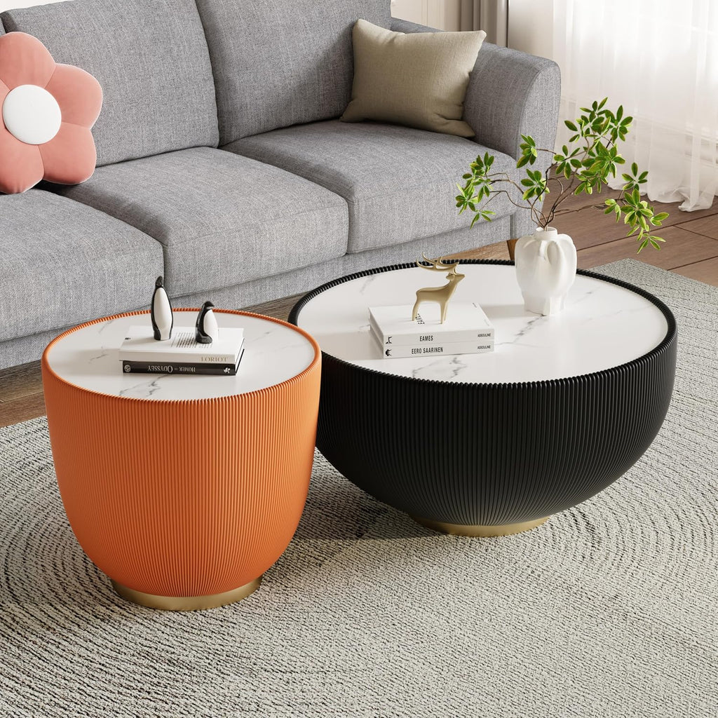 Round Coffee Table Set with Sintered Stone Tabletop, 27.56' Black Drum Center Table and 19.69' Orange Coffee Table Set, 2 Pieces Living Room Table Set with Fluted PU Leather Cover& Metal Base